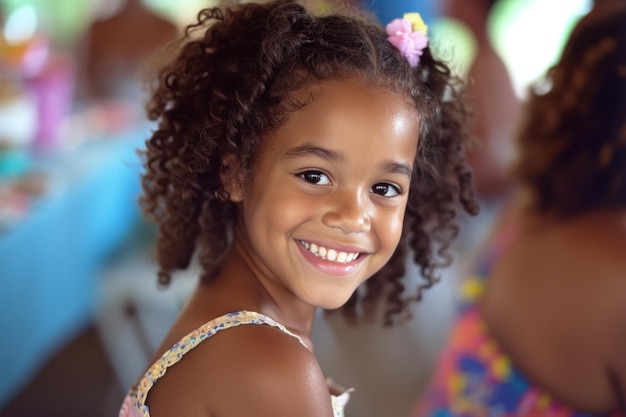 a young girl smiles at a birthday party