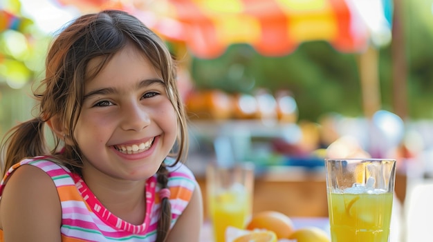 어린 소녀가 오렌지 주스를 마시면서 밝게 미소를 지으며 여름 푸의 본질을 포착합니다.