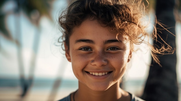 A young girl smiles for the camera on a beach.