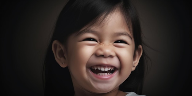 A young girl smiles and laughs with a dark background.