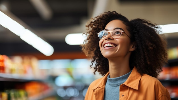 Young girl smiles while picking out groceries at the store