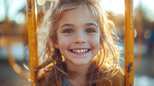 Photo a young girl smiles on a yellow merry go round