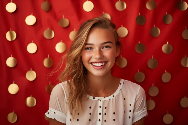 Young girl smiling at polka dot background