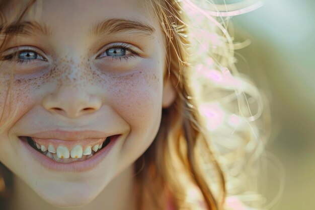 Photo young girl smiling showing her wobbly tooth looking happy