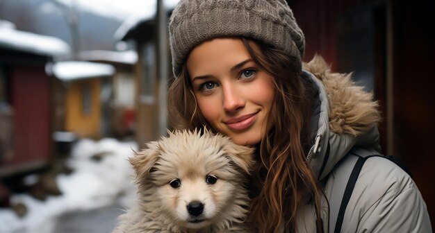 子犬を抱きながら微笑む若い女の子