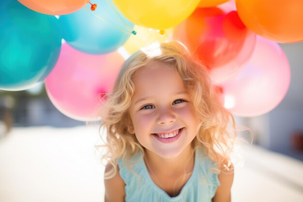 Photo young girl smiling with colorful balloons