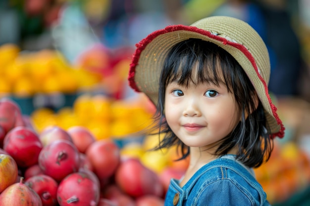 果実 の 積み重ね の 傍 に 立っ て いる 少女