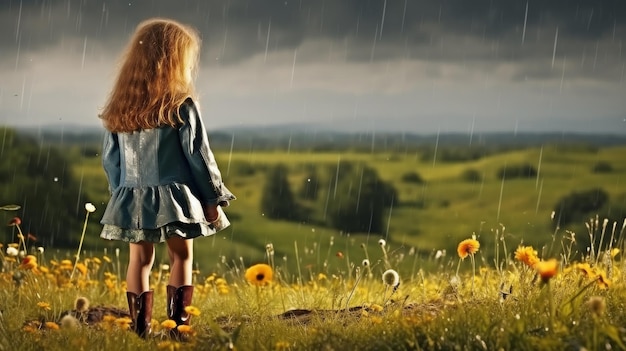 Young Girl Standing in Field of Flowers