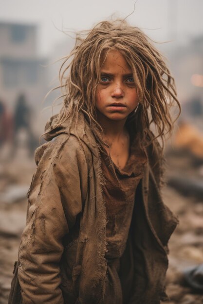 A young girl standing in the middle of a muddy field