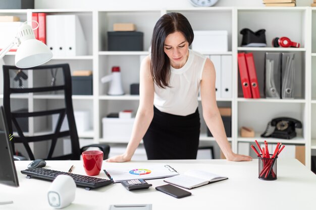 A young girl standing in the office near the computer Desk.