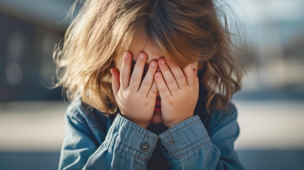 Photo young girl standing outdoors covering her face with her hands feeling distressed or playing a game