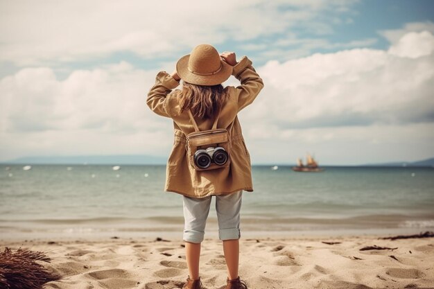 Photo young girl standing on the shore and holding binoculars scout wanderlust travel concept