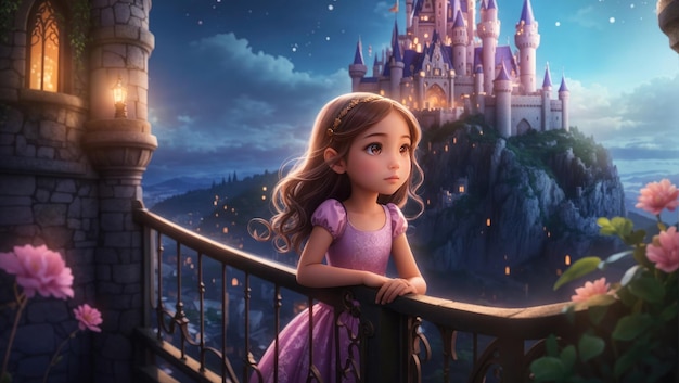 Молодая девушка трепещет перед величественным сказочным замком, окруженным пышным ярким фантастическим пейзажем.