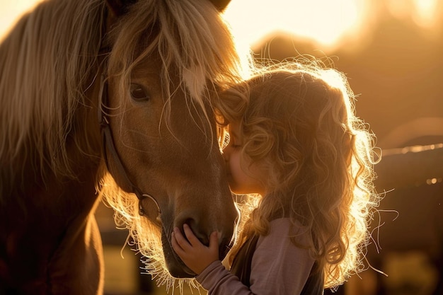Foto una giovane ragazza si trova accanto a un bellissimo cavallo marrone entrambi sembrano calmi e contenti nella presenza dell'altro la ragazza sembra affascinata dalla dimensione dei cavalli e dal comportamento gentile