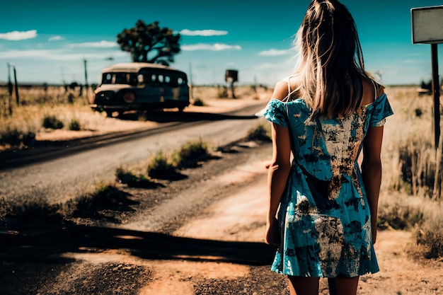 A young girl stands by the road and votes Waiting for loneliness