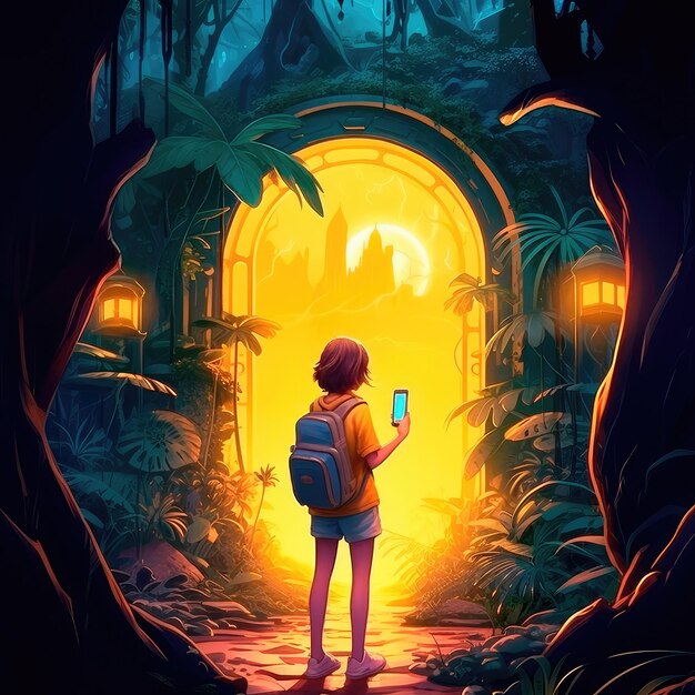 A young girl stands in front of a magical gate emitting a bright yellow light the gate is surrounded by a forest with tall trees and lush vegetation Generative AI