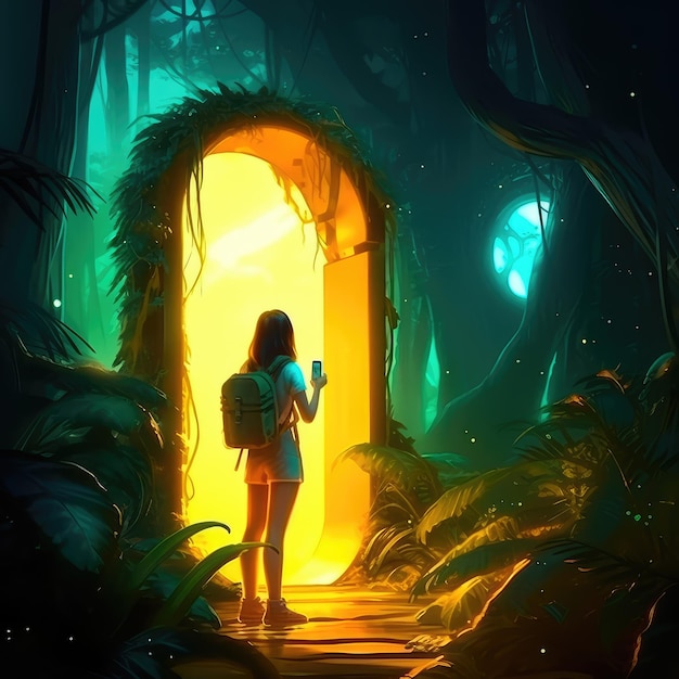 A young girl stands in front of a magical gate emitting a bright yellow light the gate is surrounded by a forest with tall trees and lush vegetation Generative AI