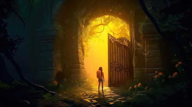 A young girl stands in front of a magical gate emitting a bright yellow light the gate is surrounded by a forest with tall trees and lush vegetation Generative AI