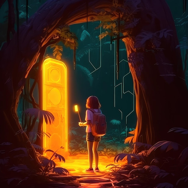 A young girl stands in front of a magical gate emitting a bright yellow light the gate is surrounded by a forest with tall trees and lush vegetation Generative AI