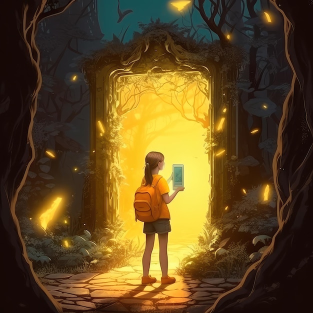 A young girl stands in front of a magical gate emitting a bright yellow light the gate is surrounded by a forest with tall trees and lush vegetation Generative AI