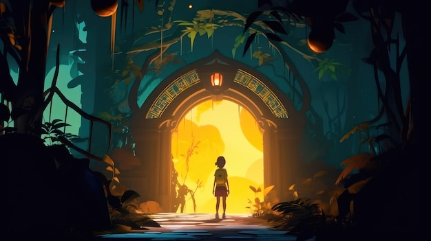 A young girl stands in front of a magical gate emitting a bright yellow light the gate is surrounded by a forest with tall trees and lush vegetation Generative AI