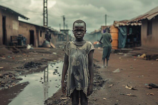 a young girl stands in a muddy street standing