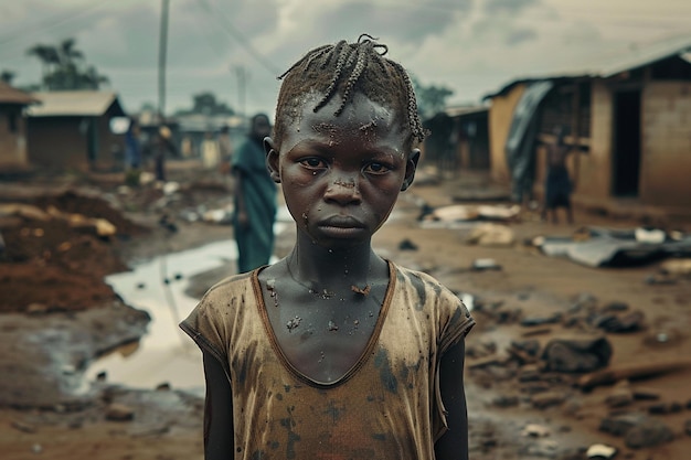 a young girl stands in a muddy street standing