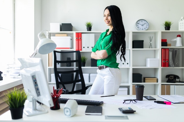 A young girl stands near an office desk