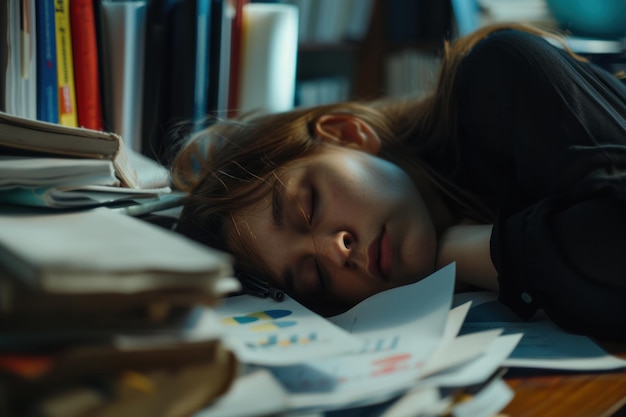 Young girl student fell asleep at the table while preparing for exams Session for students