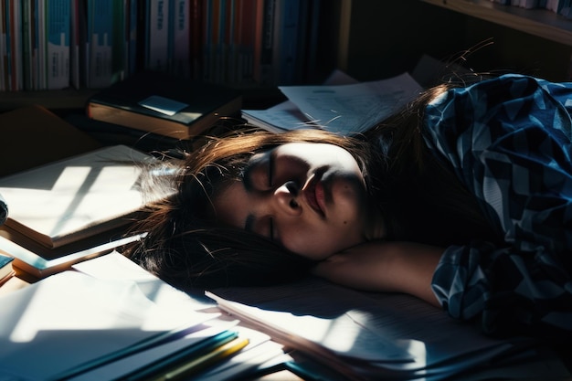 Photo young girl student fell asleep at table while preparing for exams there are papers and books around