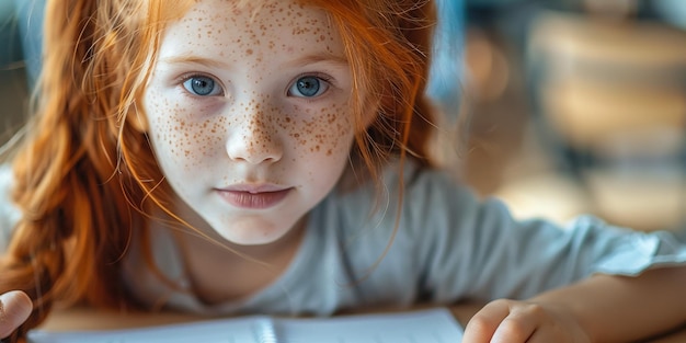 Photo young girl student sitting on desk and manny book in background