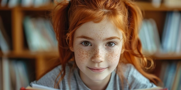 Photo young girl student sitting on desk and manny book in background