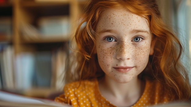 Photo young girl student sitting on desk and manny book in background