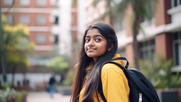 Young girl Student with School Bag in city generative AI