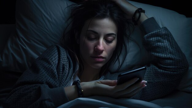 Photo young girl suffers from insomnia using her phone at night