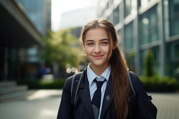 Photo a young girl in a suit and tie standing in front of a building