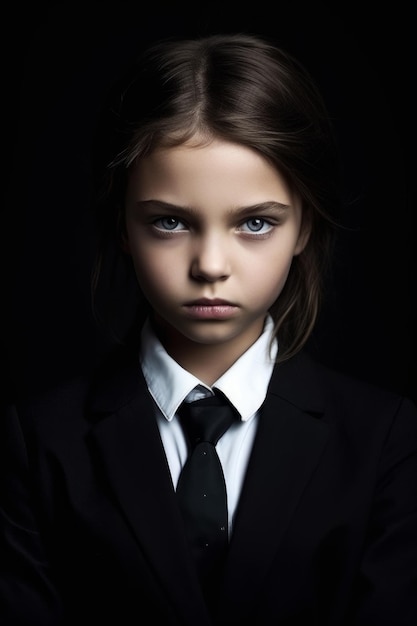 A young girl in a suit and tie with her eyes closed.