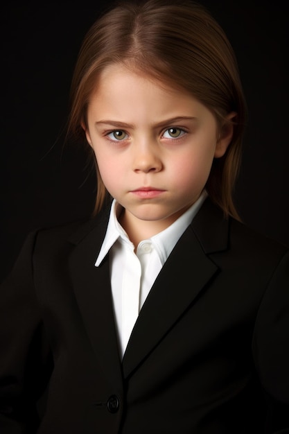 A young girl in a suit with a big grin on her face