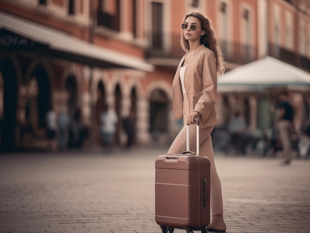 Молодая девушка в солнцезащитных очках тянет чемодан с генеративным ИИ