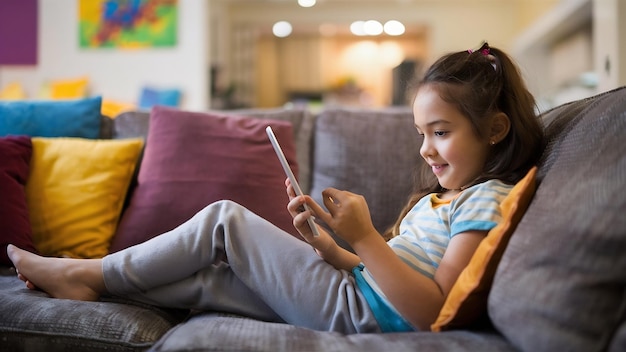 Young girl surffing the web on the sofa