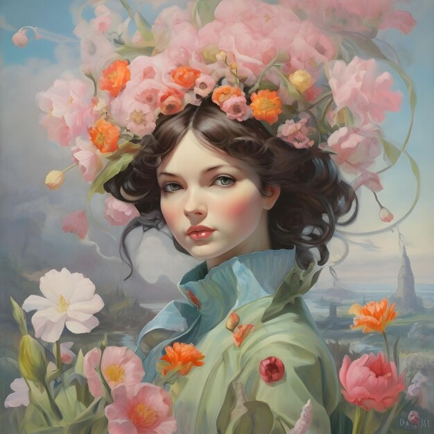 young girl surrounded by blooming flowers art