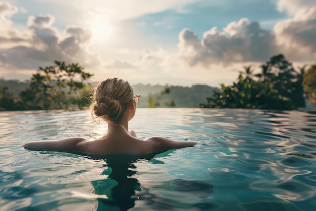 Young girl swimming in infinity pool with in private villa resort Travelling to Ubud Bali