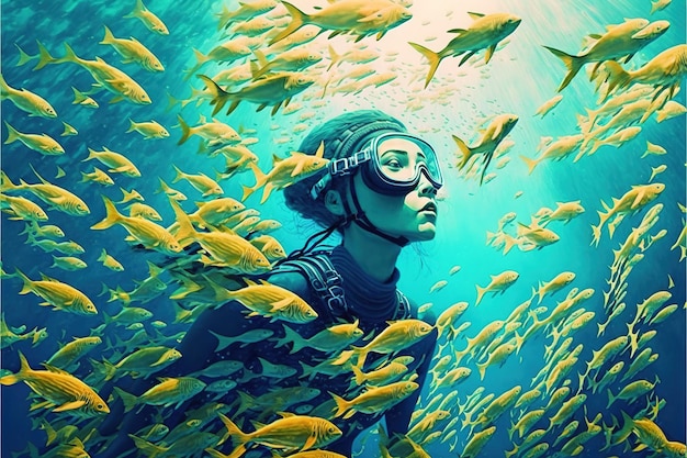 Young girl swimming Young woman diving with a school of fish in the sea Digital art style illustration painting