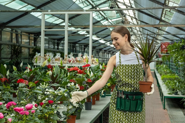 어린 소녀 가 온실 에서 실내 식물 을 돌보고 있다