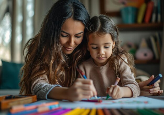 a young girl takes crayons from a box to do arts and crafts with her mother