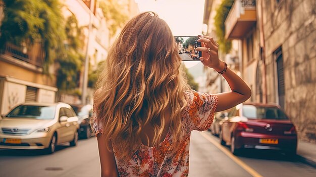 ヨーロッパの都市で写真を撮っている若い女の子