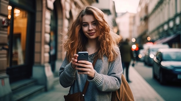 写真 ヨーロッパの都市で写真を撮っている若い女の子