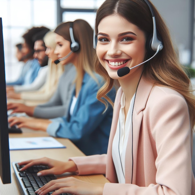 A young girl talking on call and working on a computer at a call centre