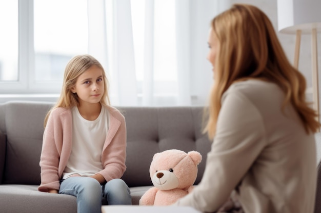 Young girl in a therapy session with female psychologist and a teddy bear