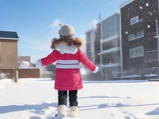 Young girl throwing snow in the air at sunny winter day back view